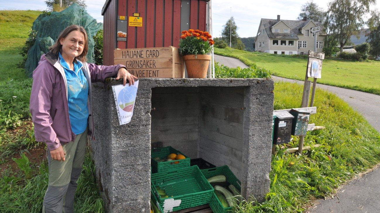 Kvinne forran ei bu med grønne grønnsakskasser. Gårdshus i bakgrunnen.