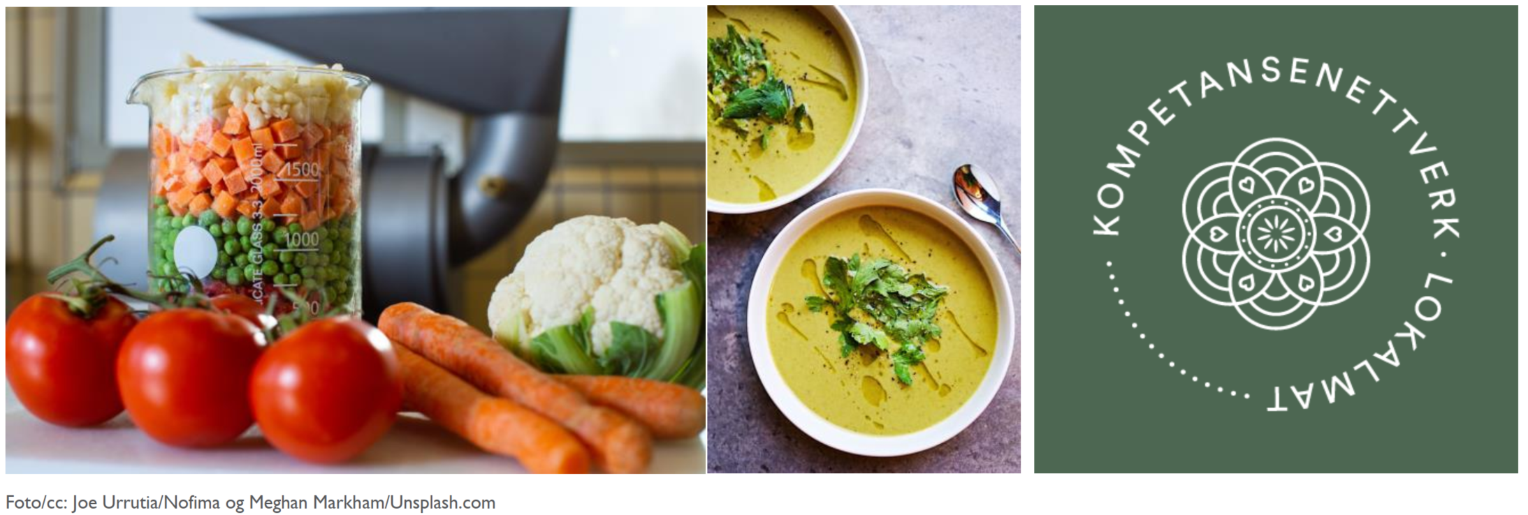 Ulike grønnsaker på et bord, og en suppe i en skål med urter på. 