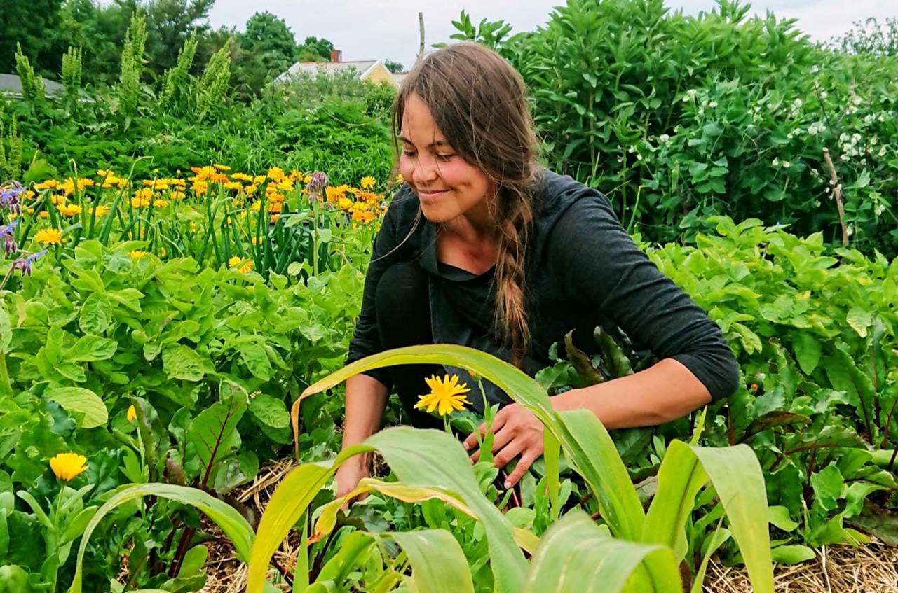Kvinne i åker med grønnsaker 