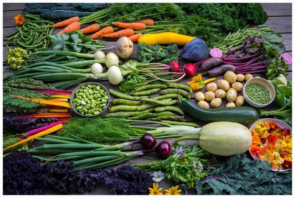 Mange grønnsaker på et gulv, 