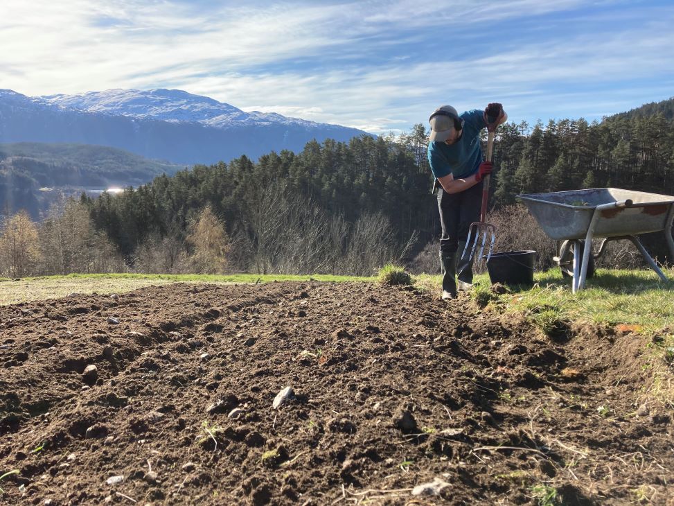 Person med greip på en åker med bar jord og gress