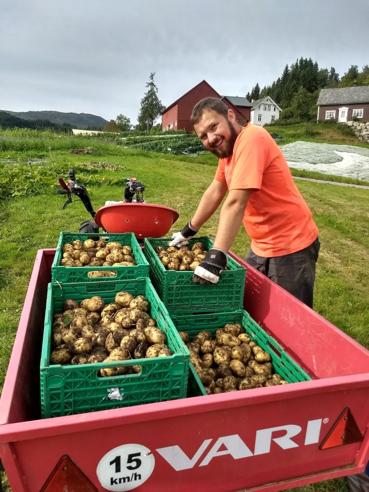 Mann ved siden av liten tilhenger på en liten traktor