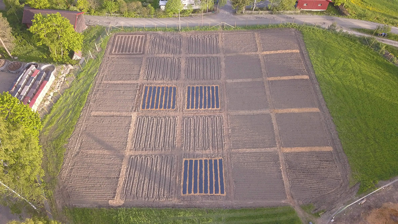 Flyfoto over et jorde med bar jord, som er delt opp i felt. 