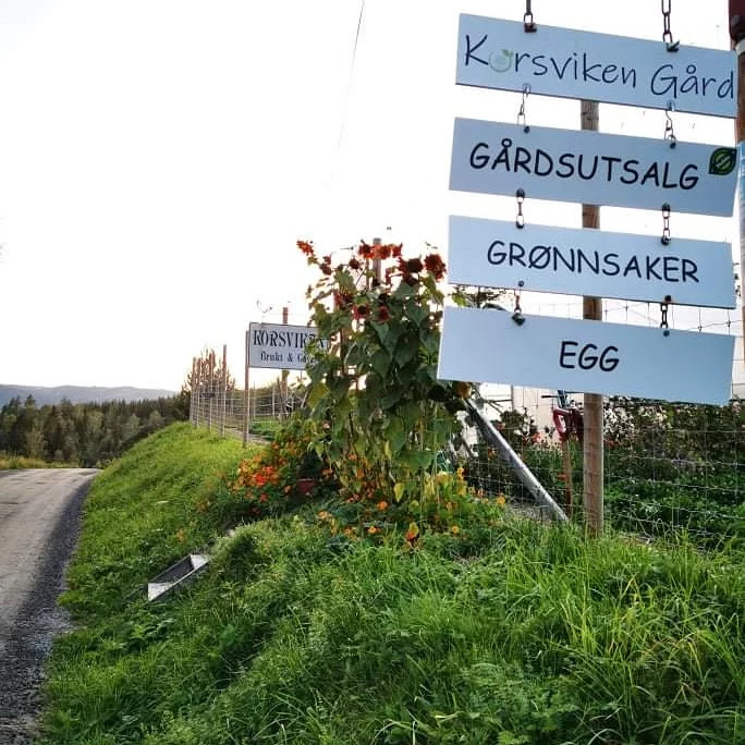 Skilt om grønnsaksproduksjonen ved veien. Flere hvite skilt under hverandre på en stolpe. 